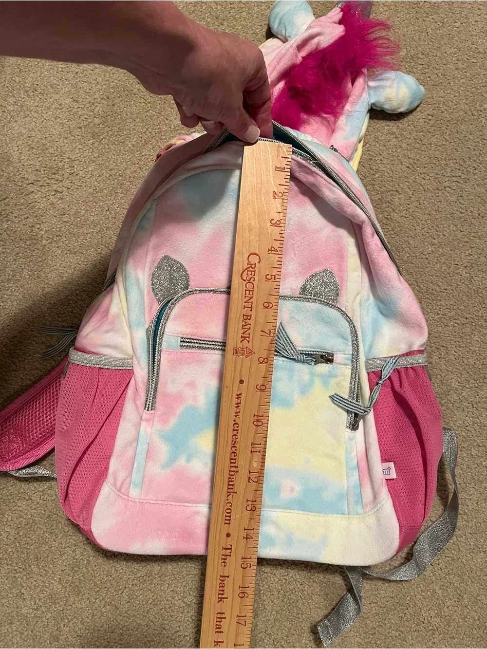 Unicorn Hoodie Tie-Dye Backpack with Pink Mane. Like New. Measurements in photos
